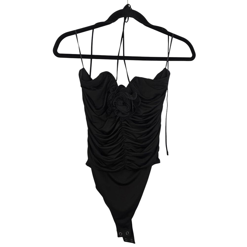 Express Black Ruched Halter Bodysuit With Floral Accent M